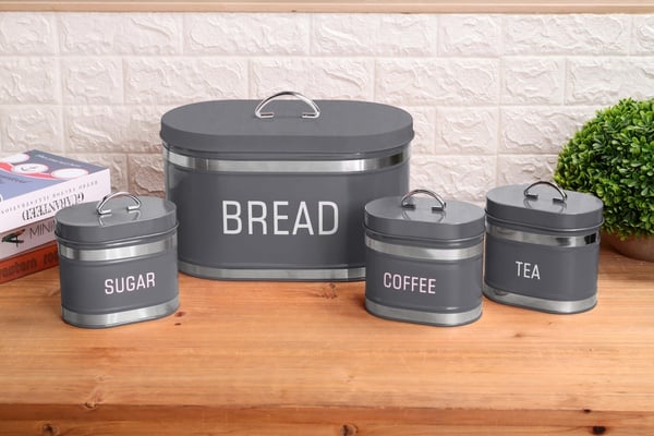 4-Piece Kitchen Storage Collection – Bread Bin & Tea, Coffee & Sugar Canister Set