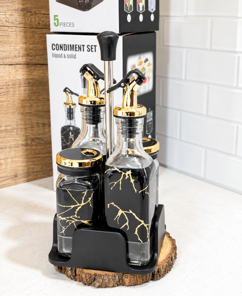 5-Piece Oil, Vinegar & Spice Dispenser Set – Premium Kitchen Collection