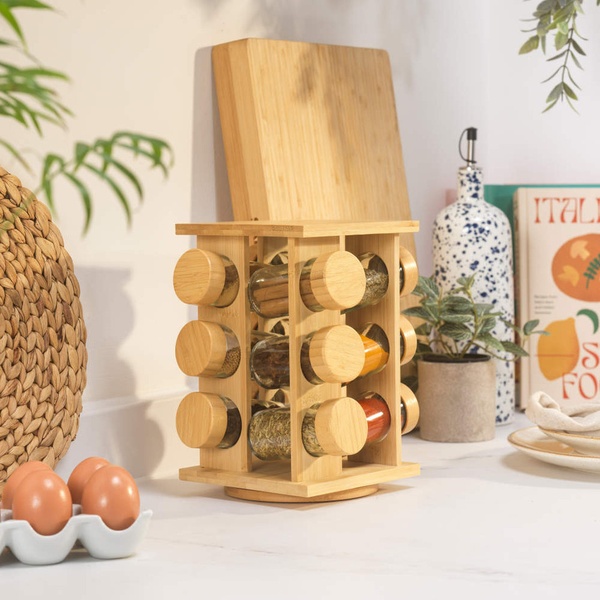12 Jars Bamboo Spice Rack – 12 Glass Spice Jars