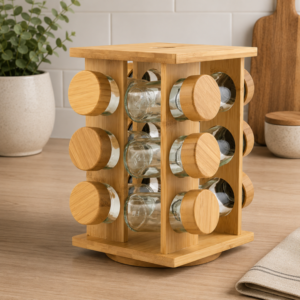 12 Jars Bamboo Spice Rack – 12 Glass Spice Jars