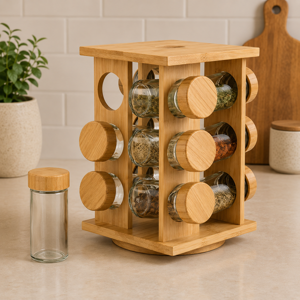 12 Jars Bamboo Spice Rack – 12 Glass Spice Jars
