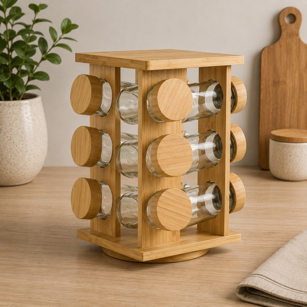 12 Jars Bamboo Spice Rack – 12 Glass Spice Jars