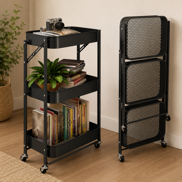 3-Tier Foldable Utility Trolley – Space-Saving Home Organiser