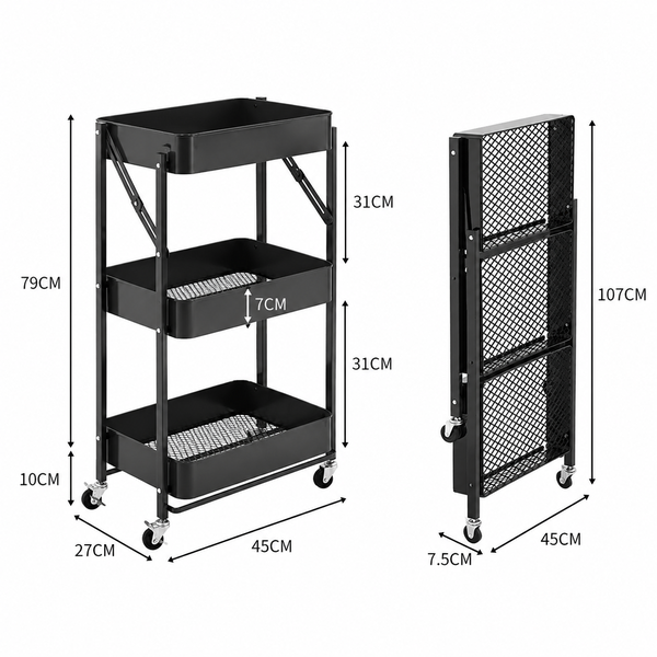 3-Tier Foldable Utility Trolley – Space-Saving Home Organiser