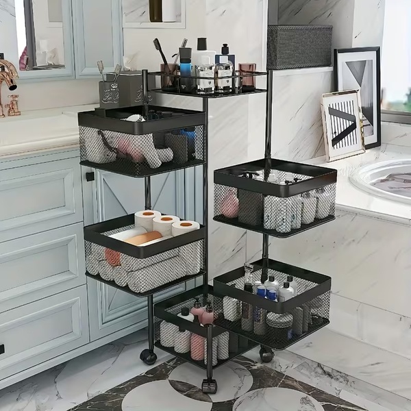 5-Tier Rotating Home Organiser (Square Basket Storage Cart with Wheels)