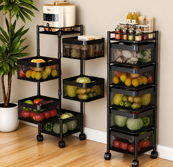 5-Tier Rotating Home Organiser (Square Basket Storage Cart with Wheels)