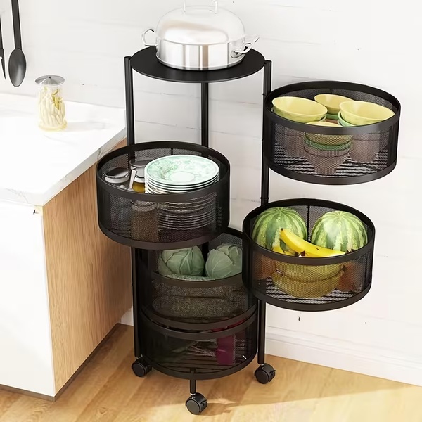 5-Tier Rotating Home Organiser (Round Basket Storage Cart with Wheels)