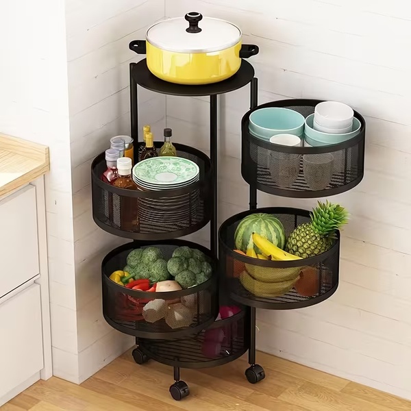 5-Tier Rotating Home Organiser (Round Basket Storage Cart with Wheels)