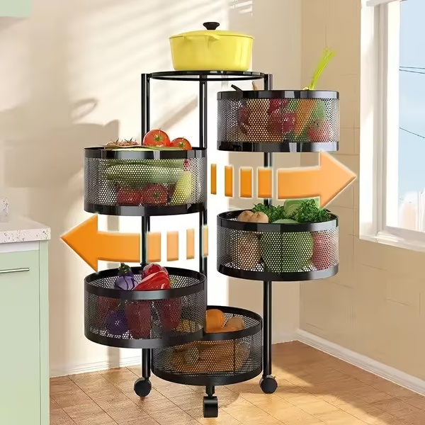 5-Tier Rotating Home Organiser (Round Basket Storage Cart with Wheels)