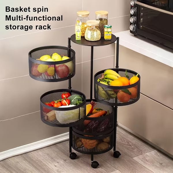 5-Tier Rotating Home Organiser (Round Basket Storage Cart with Wheels)