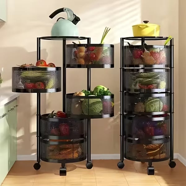 5-Tier Rotating Home Organiser (Round Basket Storage Cart with Wheels)
