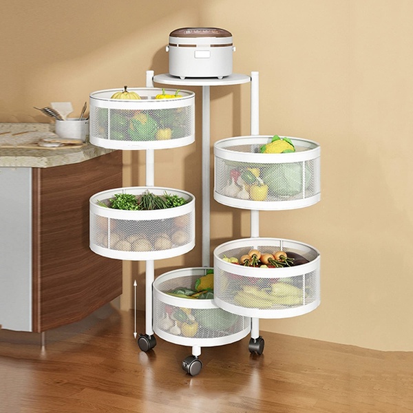5-Tier Rotating Home Organiser (Round Basket Storage Cart with Wheels)