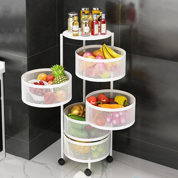 5-Tier Rotating Home Organiser (Round Basket Storage Cart with Wheels)