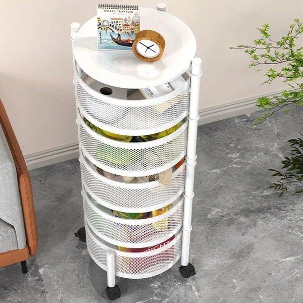 5-Tier Rotating Home Organiser (Round Basket Storage Cart with Wheels)