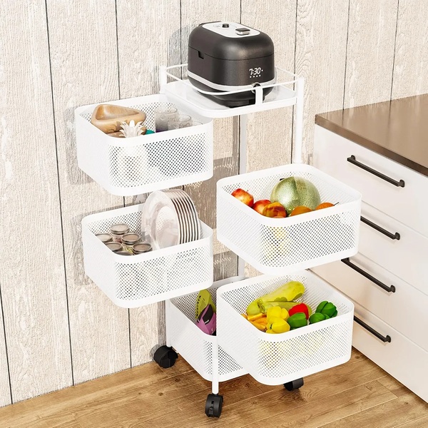 5-Tier Rotating Home Organiser (Square Basket Storage Cart with Wheels)