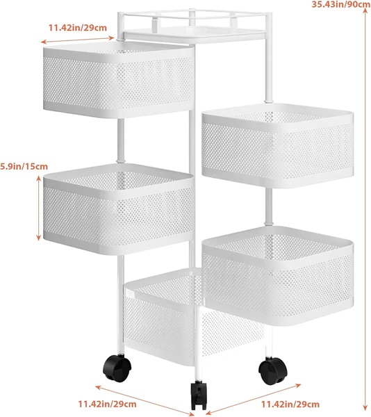 5-Tier Rotating Home Organiser (Square Basket Storage Cart with Wheels)