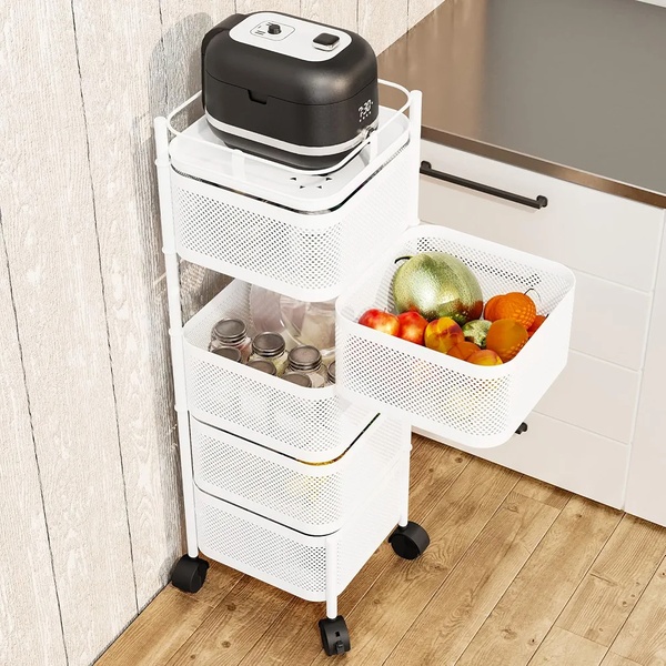 5-Tier Rotating Home Organiser (Square Basket Storage Cart with Wheels)