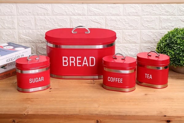 4-Piece Kitchen Storage Collection – Bread Bin & Tea, Coffee & Sugar Canister Set