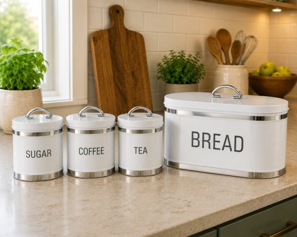 4-Piece Kitchen Storage Collection – Bread Bin & Tea, Coffee & Sugar Canister Set