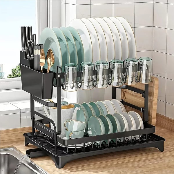 2-Tier Kitchen Dish Rack with 360° Drainage – Complete Countertop Organiser