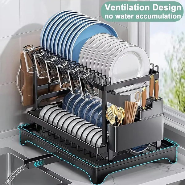 2-Tier Kitchen Dish Rack with 360° Drainage – Complete Countertop Organiser