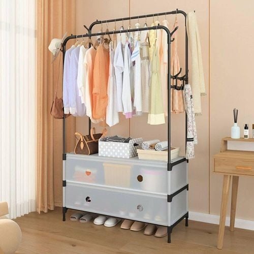 Double Rail Clothes Rack with Covered Shoe Storage – Bedroom Organiser