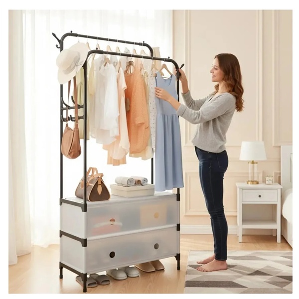 Double Rail Clothes Rack with Covered Shoe Storage – Bedroom Organiser