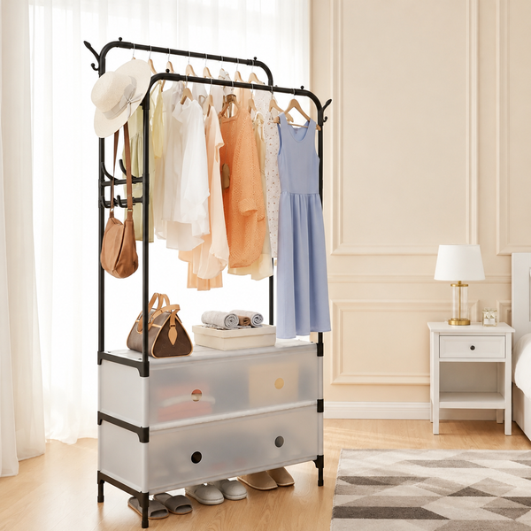 Double Rail Clothes Rack with Covered Shoe Storage – Bedroom Organiser