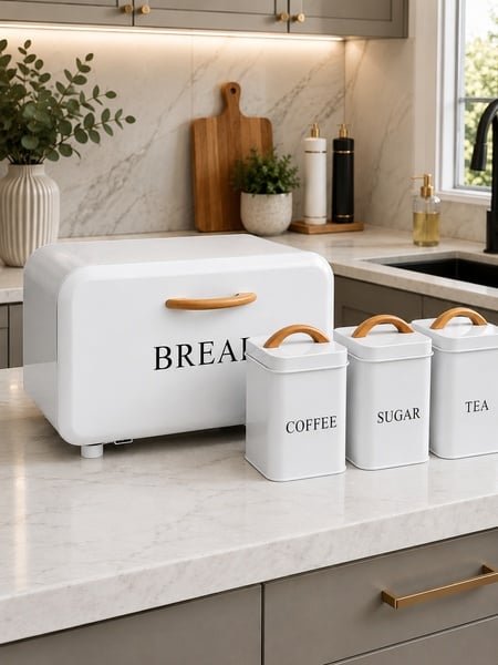 4-Piece Bread Bin & Canister Set with Bamboo Handles – Premium Kitchen Collection