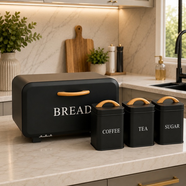 4-Piece Bread Bin & Canister Set with Bamboo Handles – Premium Kitchen Collection