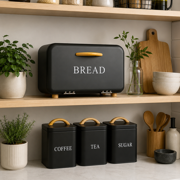 4-Piece Bread Bin & Canister Set with Bamboo Handles – Premium Kitchen Collection