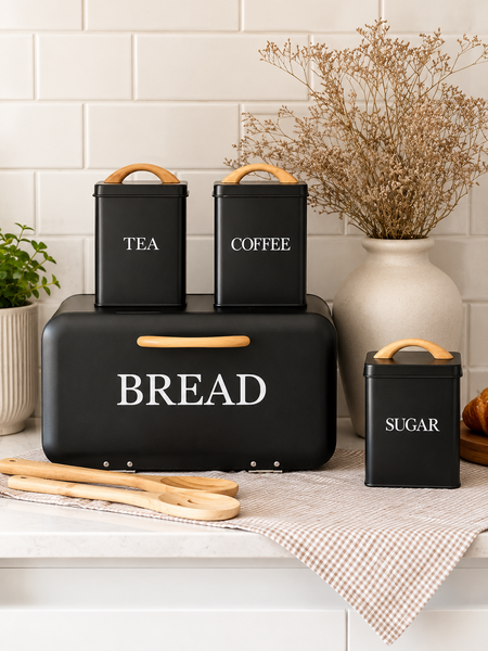 4-Piece Bread Bin & Canister Set with Bamboo Handles – Premium Kitchen Collection