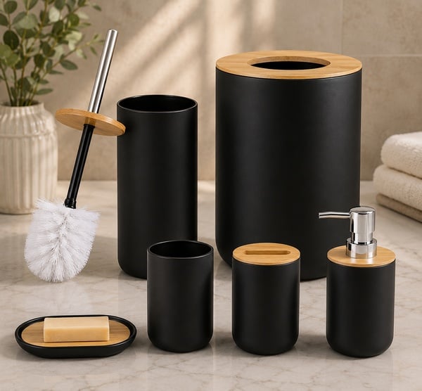 6-Piece Bathroom Accessories Set – Modern Bamboo Collection
