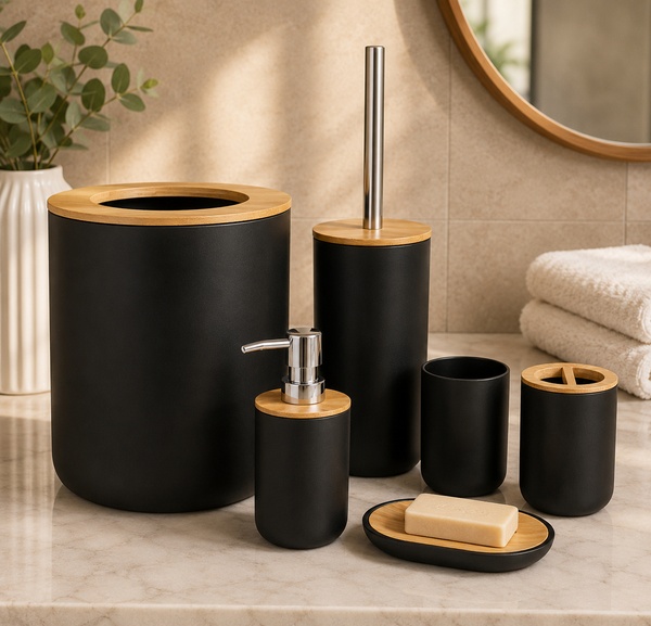 6-Piece Bathroom Accessories Set – Modern Bamboo Collection