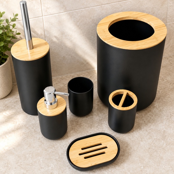 6-Piece Bathroom Accessories Set – Modern Bamboo Collection