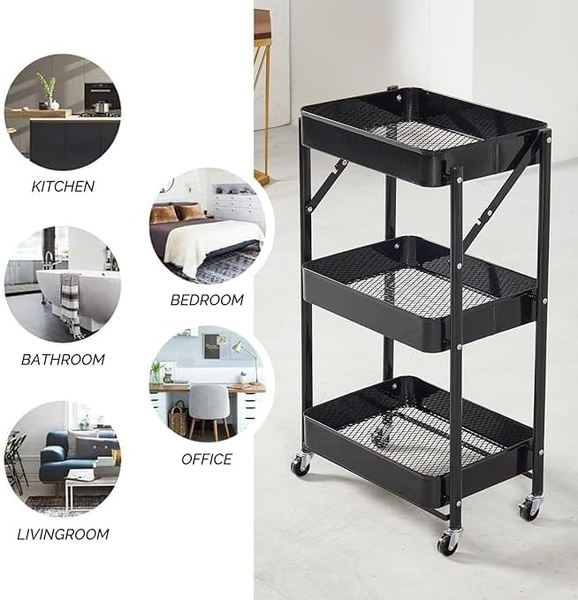 3-Tier Foldable Utility Trolley – Space-Saving Home Organiser