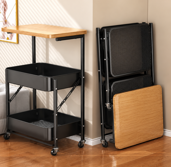 Foldable 2 Tier Rolling Storage Trolley with Wooden Top – Stylish Storage That Folds Away