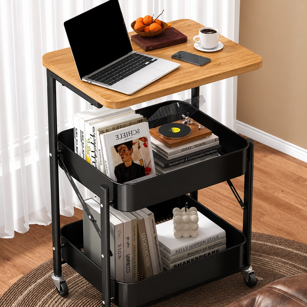 Foldable 2 Tier Rolling Storage Trolley with Wooden Top – Stylish Storage That Folds Away