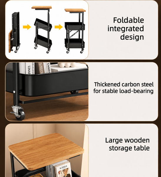 Foldable 2 Tier Rolling Storage Trolley with Wooden Top – Stylish Storage That Folds Away