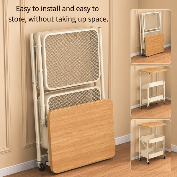 Foldable 2 Tier Rolling Storage Trolley with Wooden Top – Stylish Storage That Folds Away