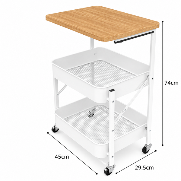 Foldable 2 Tier Rolling Storage Trolley with Wooden Top – Stylish Storage That Folds Away
