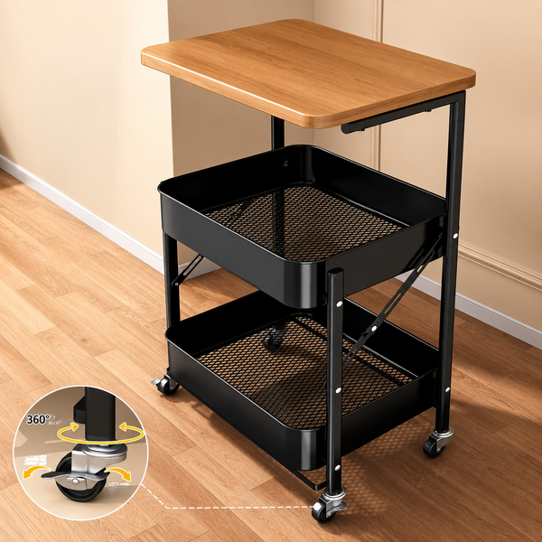 Foldable 2 Tier Rolling Storage Trolley with Wooden Top – Stylish Storage That Folds Away
