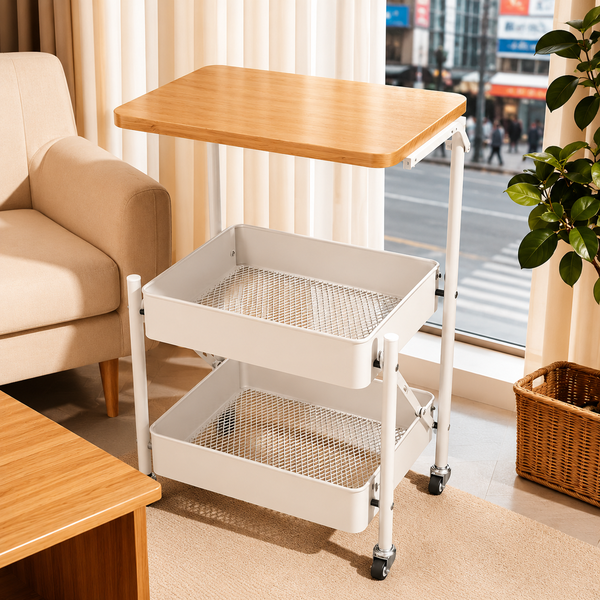 Foldable 2 Tier Rolling Storage Trolley with Wooden Top – Stylish Storage That Folds Away