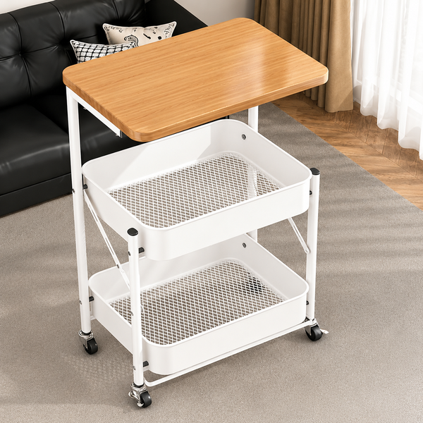 Foldable 2 Tier Rolling Storage Trolley with Wooden Top – Stylish Storage That Folds Away