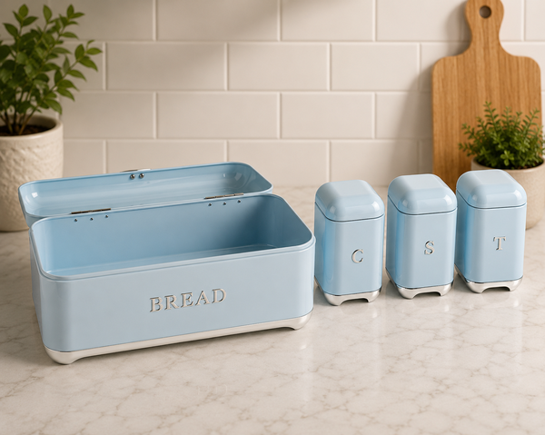 4 Piece Glossy Retro Bread Bin & Canister Set – Timeless Kitchen Elegance