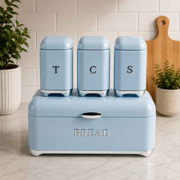 4 Piece Glossy Retro Bread Bin & Canister Set – Timeless Kitchen Elegance