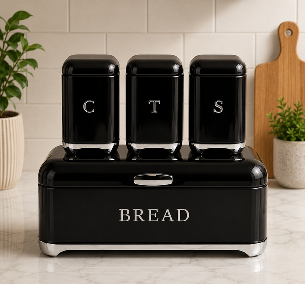4 Piece Glossy Retro Bread Bin & Canister Set – Timeless Kitchen Elegance