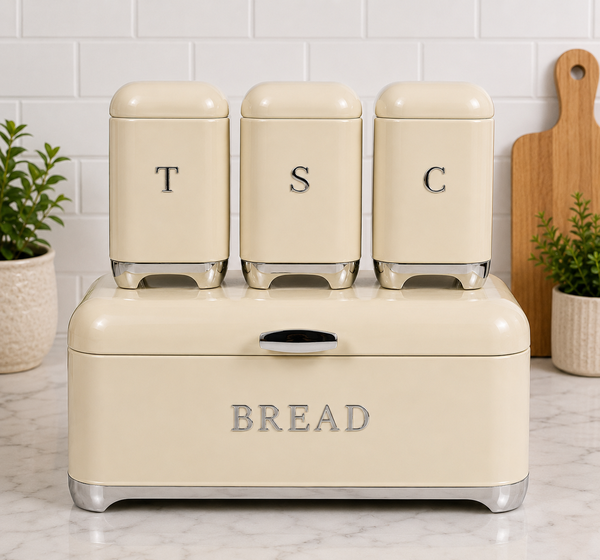 4 Piece Glossy Retro Bread Bin & Canister Set – Timeless Kitchen Elegance
