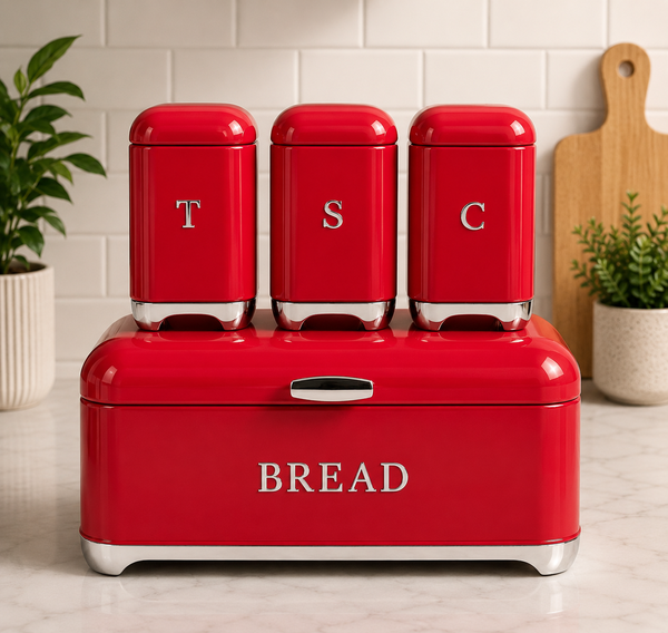 4 Piece Glossy Retro Bread Bin & Canister Set – Timeless Kitchen Elegance