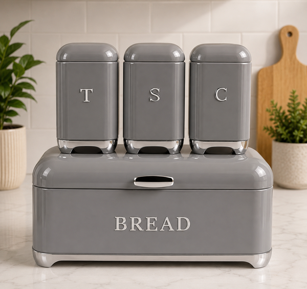 4 Piece Glossy Retro Bread Bin & Canister Set – Timeless Kitchen Elegance